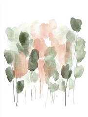Aufkleber - Watercolor illustration of soft green and peach abstract leaves in a serene composition. Generative AI