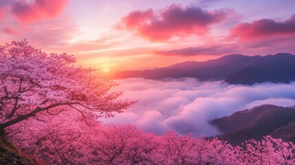 Wall Mural - cherry blossom trees in full bloom against a majestic mountain landscape at sunset with colorful ski