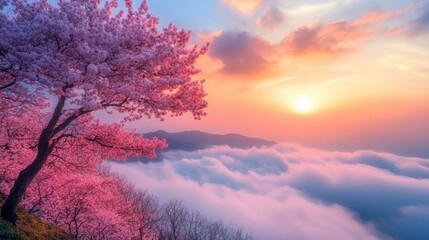 Wall Mural - cherry blossom trees in full bloom against a majestic mountain landscape at sunset with colorful ski