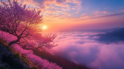 Wall Mural - cherry blossom trees in full bloom against a majestic mountain landscape at sunset with colorful ski