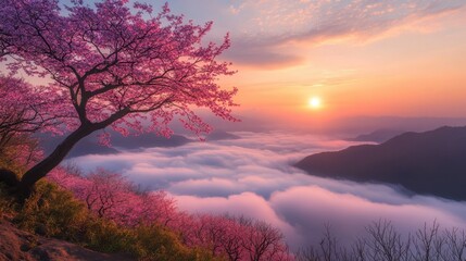 Wall Mural - cherry blossom trees in full bloom against a majestic mountain landscape at sunset with colorful ski