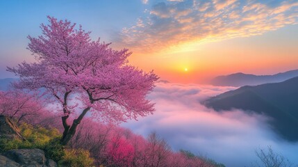 Wall Mural - cherry blossom trees in full bloom against a majestic mountain landscape at sunset with colorful ski