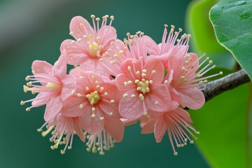 Wall Mural - Pink flowers bloom beautifully in a lush green environment during the early morning hours