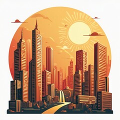 Poster - Cityscape at Sunrise with Luxurious High-Rise Buildings and Landmark Structures