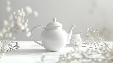 Wall Mural - A classic white porcelain teapot with a curved handle on a white background