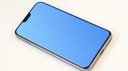 Smartphone Mockup: Sleek smartphone with a blank light blue screen, ideal for app presentations or website designs.  Clean and modern aesthetic.