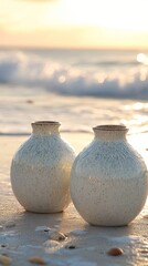 Wall Mural - Colorful pottery jars on sandy beach with ocean waves in bright daylight