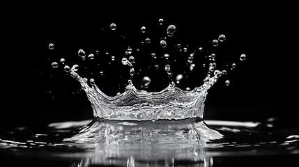 Aufkleber - Dramatic crown shaped splash of clear transparent water captured mid motion and frozen in time against a dark minimalist black background  The image showcases the dynamic