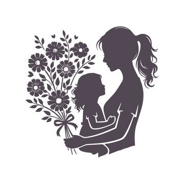Mother's Day Love: Silhouette of Child Giving Flowers to Mother