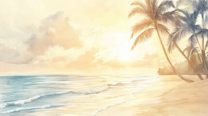 Aufkleber - Watercolor illustration of a serene beach at sunset with palm trees and gentle ocean waves. Generative AI