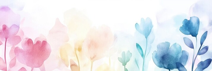 Poster - Colorful watercolor illustration of flowers with soft pastel hues in a serene and tranquil setting. Generative AI