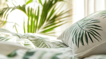 Leinwandbilder - Tropical patterns on light summer fabrics with lush greenery in a bright and airy setting for a refreshing decor. Generative AI