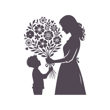 Mother's Day Love: Silhouette of Child Giving Flowers to Mother
