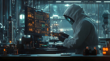 Poster - Futuristic cyberpunk inspired hacker workspace with neon lit cityscape in the background  The scene depicts a dark high tech environment filled with computer screens technology