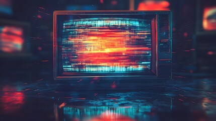 Poster - Glitch Art Digital Abstract Background with Neon Lights and Chaotic Visual Effects  Dynamic futuristic and surreal digital art with distortion interference and data inspired textures and patterns