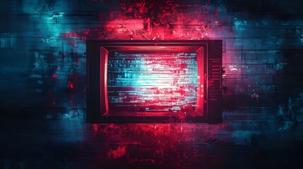 Poster - Futuristic neon lit cityscape with glitched abstract architectural structures and dynamic surreal lighting  A dystopian cyberpunk inspired digital landscape