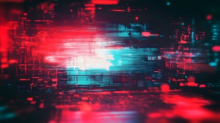 Aufkleber - Glitched and distorted futuristic neon landscape depicting a dynamic cityscape with vibrant digital elements in abstract motion blur  This surreal