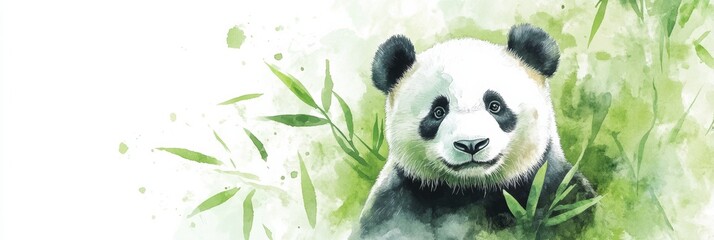 Poster - Delightful watercolor illustration of a panda surrounded by bamboo in a serene natural habitat. Generative AI