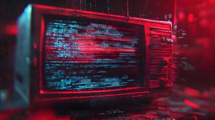 Poster - Malfunctioning computer screen with glitchy distorted digital data transmission and electronic circuit board background in dark futuristic cyberpunk style