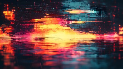 Poster - Mesmerizing abstract background with a pulsating cityscape in a vibrant neon color palette and flowing liquid reflections creating a futuristic digital and surreal atmosphere