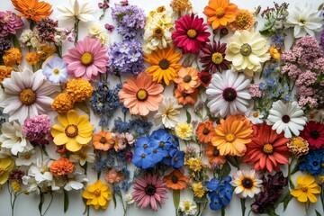 Wall Mural - Colorful array of vibrant flowers displayed on a natural backdrop for decoration and inspiration