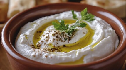 Poster - Creamy yogurt labneh with olive oil and fresh herbs in a rustic bowl