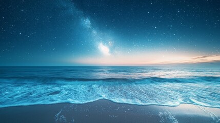 Aufkleber - A serene coastline bathed in moonlight showcases gentle waves lapping at the sand. The vast starry sky above creates a mesmerizing atmosphere, inviting calm and reflection