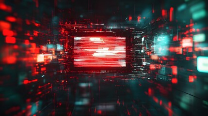 Fototapete - Mesmerizing Futuristic Digital Landscape with Luminous Neon Lights and Captivating Glitch Effects  Visually striking abstract composition with dynamic patterns geometry