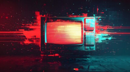 Leinwandbilder - Striking futuristic digital art with a retro glitch aesthetic featuring a distorted TV screen display surrounded by vibrant neon lights electronic symbols and a surreal captivating atmosphere