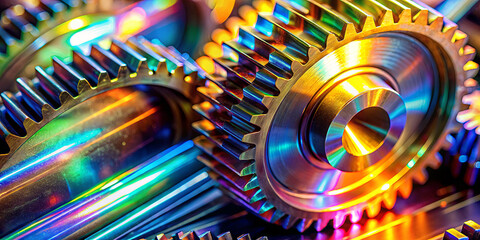 Poster - Metallic gears of various sizes and shapes are closely arranged, displaying a spectrum of colors from light reflections on their polished surfaces