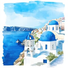 Poster - Watercolor illustration of Santorini coastline with blue domes overlooking the Aegean Sea during a clear day. Generative AI