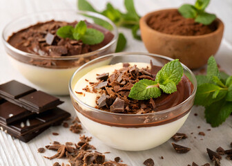 Poster - A close-up of two glasses filled with creamy chocolate mousse topped with chocolate shavings and mint leaves, accompanied by a bowl of cocoa powder. The mousse has a rich, dark brown hue, contrasting 