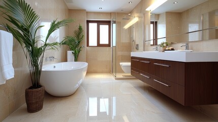 Wall Mural - Luxurious modern bathroom design, marble floors, plants