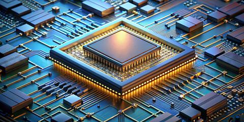 Poster - Detailed examination of a computer chip at the center of a circuit board, with glowing connections and layers of wiring highlighting modern technology's complexity and precision