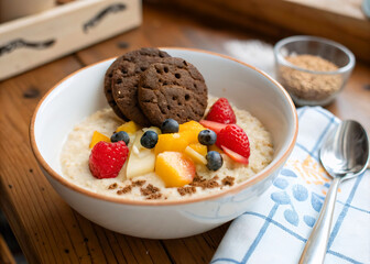 Poster - A bowl of oatmeal topped with a variety of fruits, such as strawberries and blueberries, and a chocolate cookie. To the side of the bowl is a spoon and a cloth on a wooden surface. In the background, 