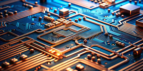 Poster - Detailed view of a complex circuit board highlights the intricate pathways and structures used in modern electronics. The metallic traces reflect light, emphasizing the technology