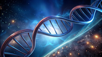 Poster - A double helix representation is prominently displayed in a cosmic setting filled with vibrant colors