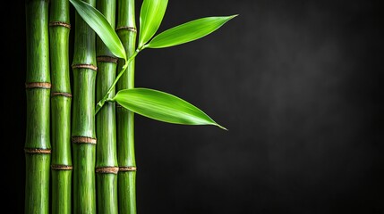 Poster - Vibrant Green Bamboo Stalks with Leaves Against a Dark Background Tranquil Natural Aesthetic.