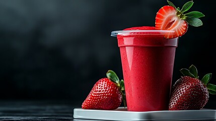 Strawberry smoothie in plastic cup, dark background, refreshing drink