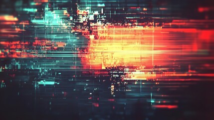 Poster - Vibrant Glitch Art Fusion of Abstract Techno Luminous Energetic Digital Design with Pulsating Neon Lights Distorted Fractal Patterns and Dynamic Kinetic Energy Flow