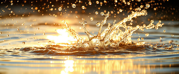 Poster - Water droplets fly upwards as something disrupts the serene surface of a lake at sunset. The warm golden light enhances the beauty of the scene, creating vibrant reflections