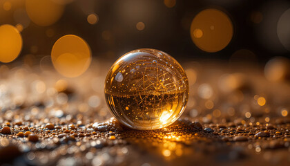 Poster - A luminous sphere rests on a wet surface, reflecting intricate patterns and warm light. Tiny beads of water enhance the visual allure, creating a stunning effect during sunset