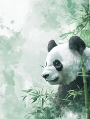 Aufkleber - Panda surrounded by bamboo in a serene watercolor illustration depicting a tranquil nature setting. Generative AI