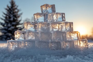 Wall Mural - Stunning ice sculpture pyramid illuminated by sunset in a winter landscape