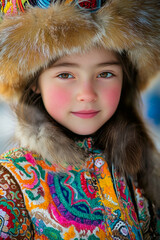 a close-up of a young girl with brown eyes wearing a vibrant, colorful fur-lined coat and a fur hat,