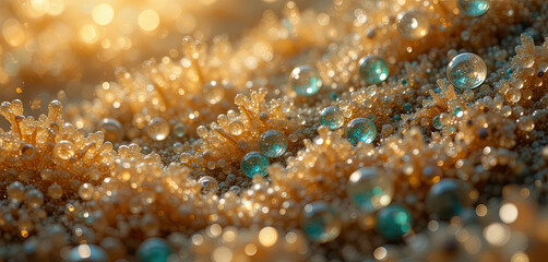 Poster - Tiny droplets of dew glisten on a sandy surface, surrounded by delicate grains and sparkling beads that catch the early morning light, creating a serene and beautiful effect
