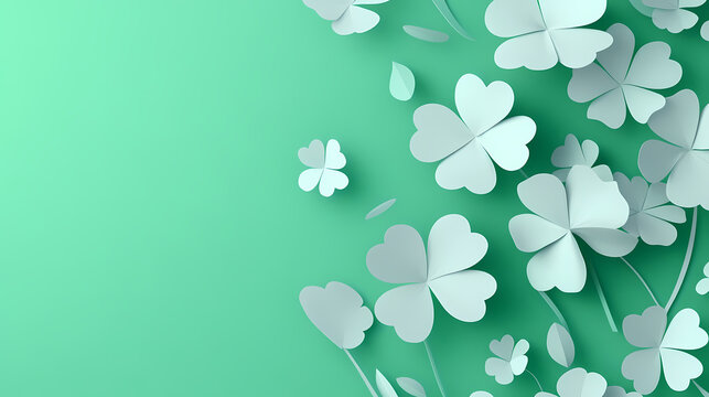 St. Patrick's Day background with clover leaves and paper-cut flowers in a pastel green color. Space for text, banner design