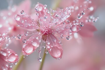 Wall Mural - Close-up view of a pink flower covered in water droplets after rain