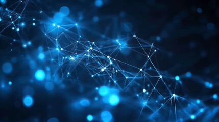 Fototapete - abstract blue technology background with a cyber network grid and connected particles artificial neurons global data connections business technology graphics backgrounds