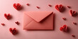 © PGD - Romantic Gesture: A Red Envelope Surrounded by Paper Hearts on a Soft Pink Background, Symbolizing Love and Thoughtful Affection